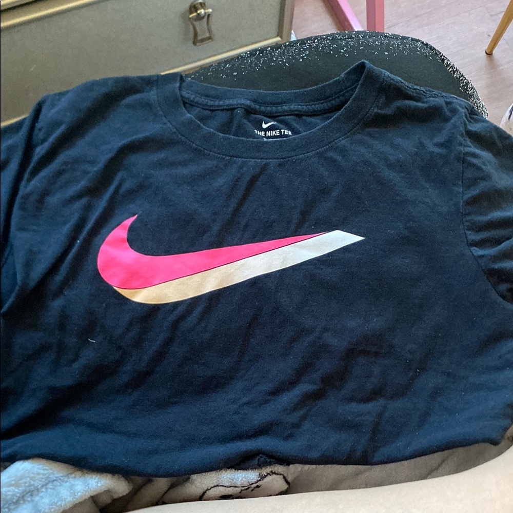 Nike Kids Black Tee with Pink and Gold Swoosh